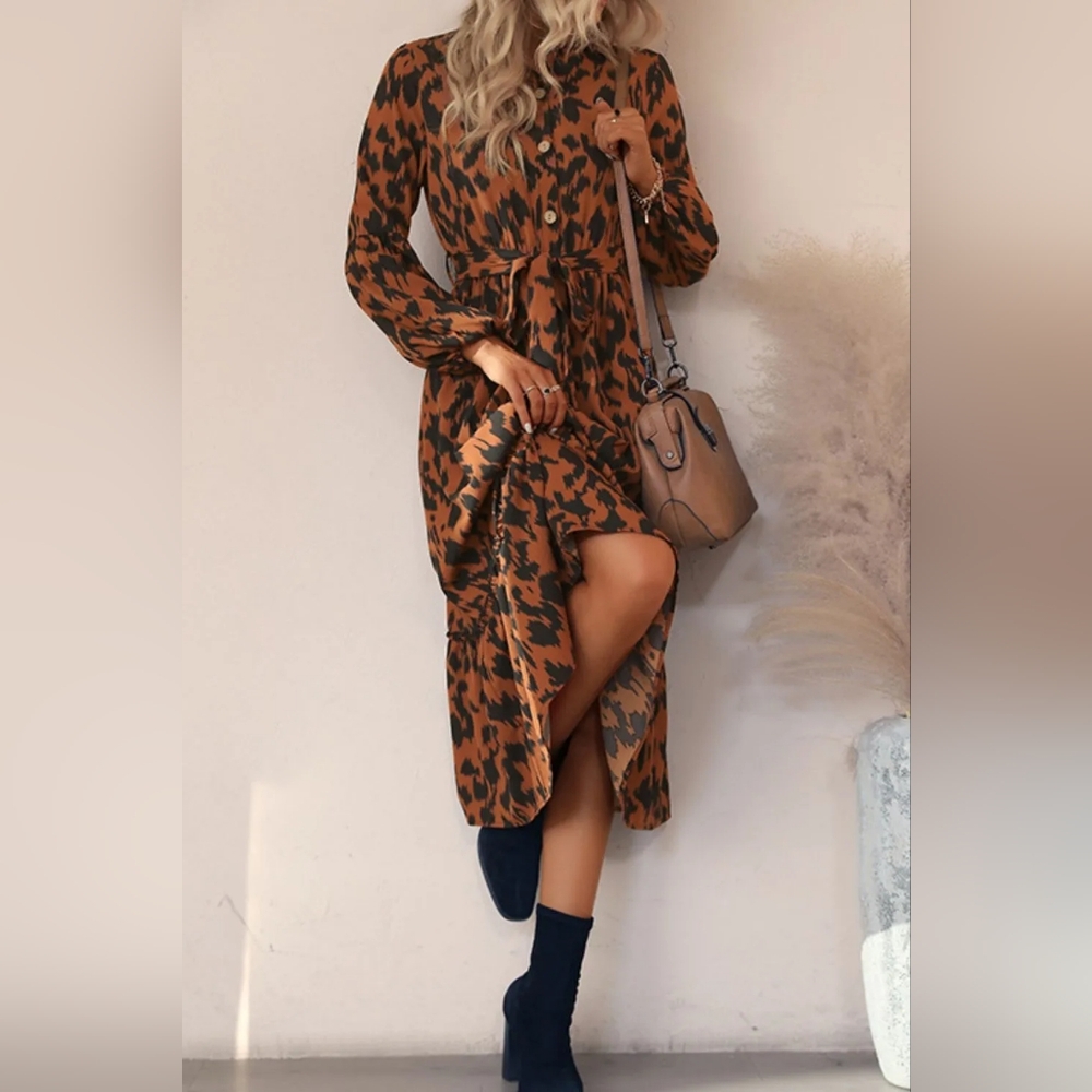 NWT - Boutique - Bubble Sleeve Animal Print Buttoned Midi Shirt Dress - Size L